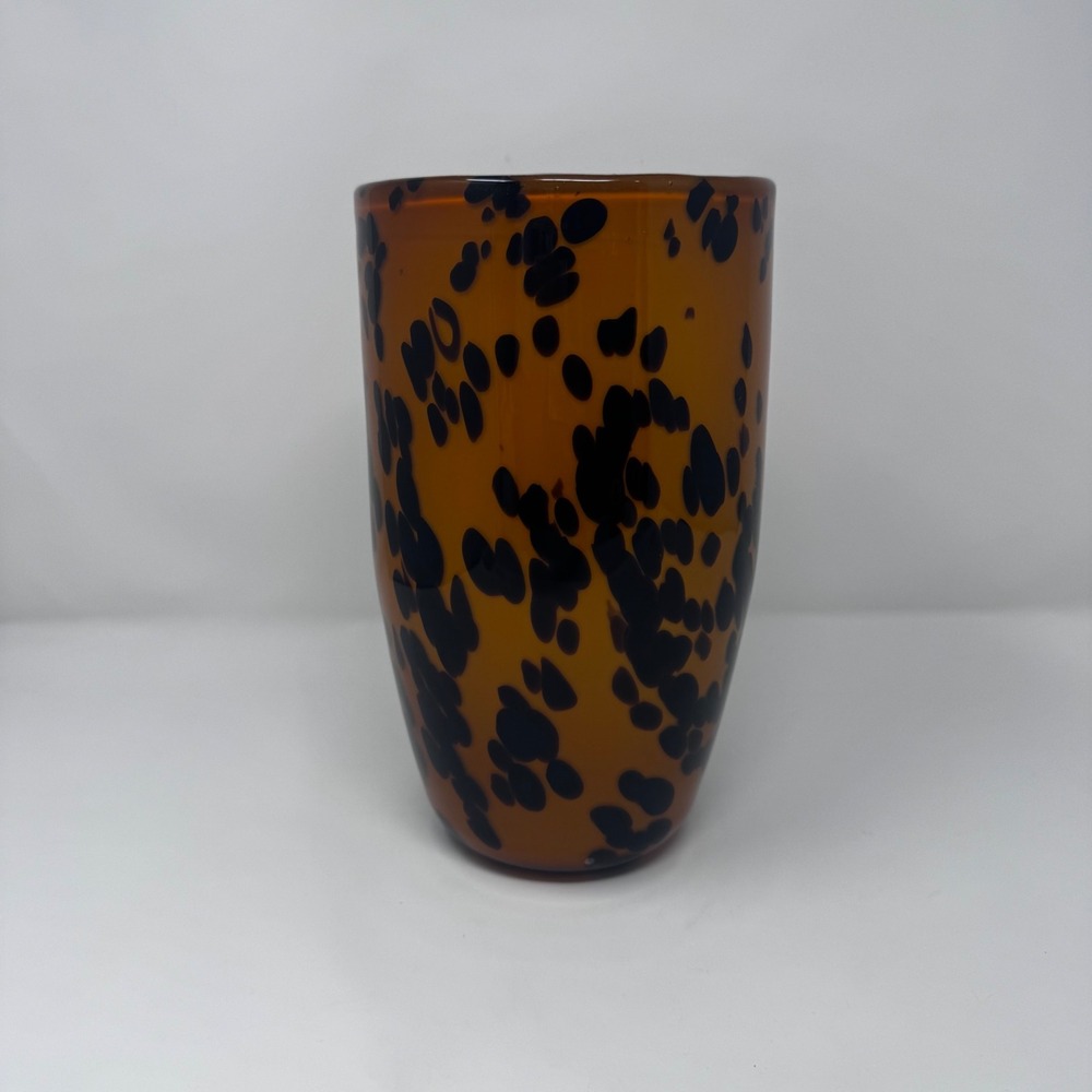 Tortoise Shell Art Glass Vase Amber Black Hand Blown Decorative Cylinder Vessel - Picture 3 of 9